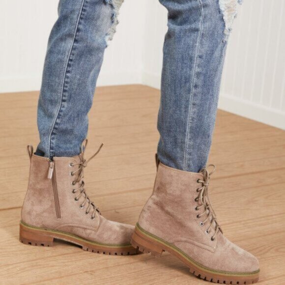 "Best of Luck" Khaki Combat Lace-up Suedette Booties - Picture 5 of 16